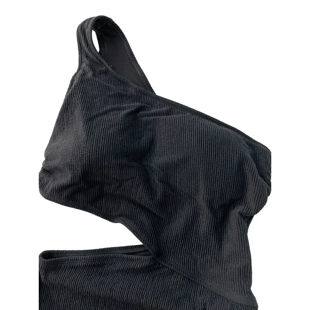 Michael Kors Black One-Shoulder Bathing Suit Ribbed Swimsuit Size 14 NWT